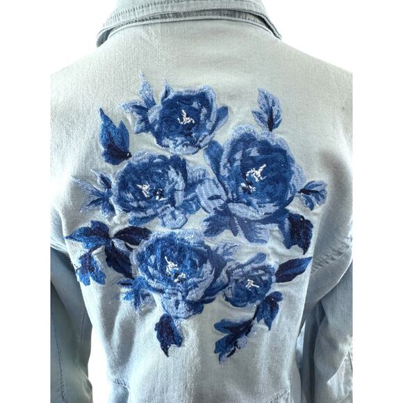 "ISAAC MIZRAHI LIVE" Bleached, Indigo Blue,Jean Jacket,Embroidered, Artsy,Whimsy - Picture 3 of 11